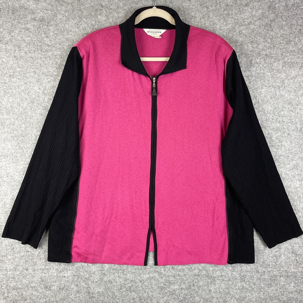 Ming Wang Jacket Cardigan Womens 3X Pink Black Full Zip Long Sleeve Stretch